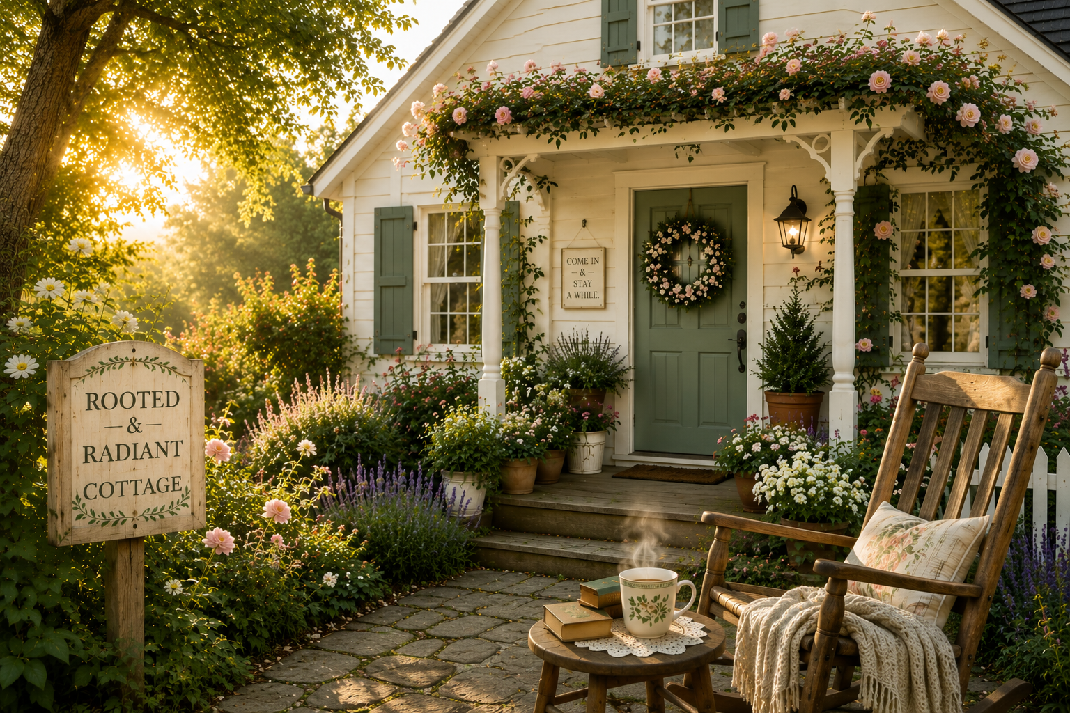 The welcoming entrance to Rooted & Radiant Cottage with a rocking chair, a warm cup of tea, blooming flowers, and a peaceful garden at sunrise.